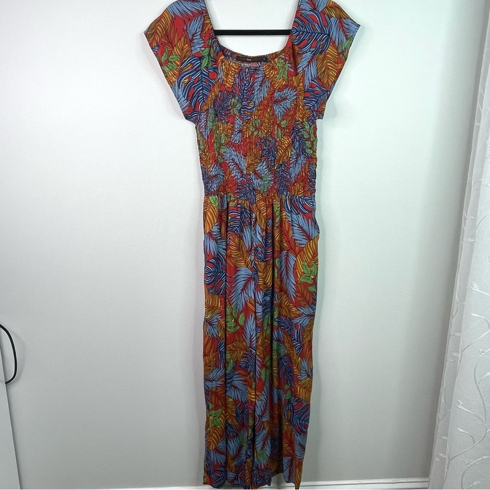 Hazel Blue and Orange Resort Jumpsuit with Flutter Cap Sleeves
